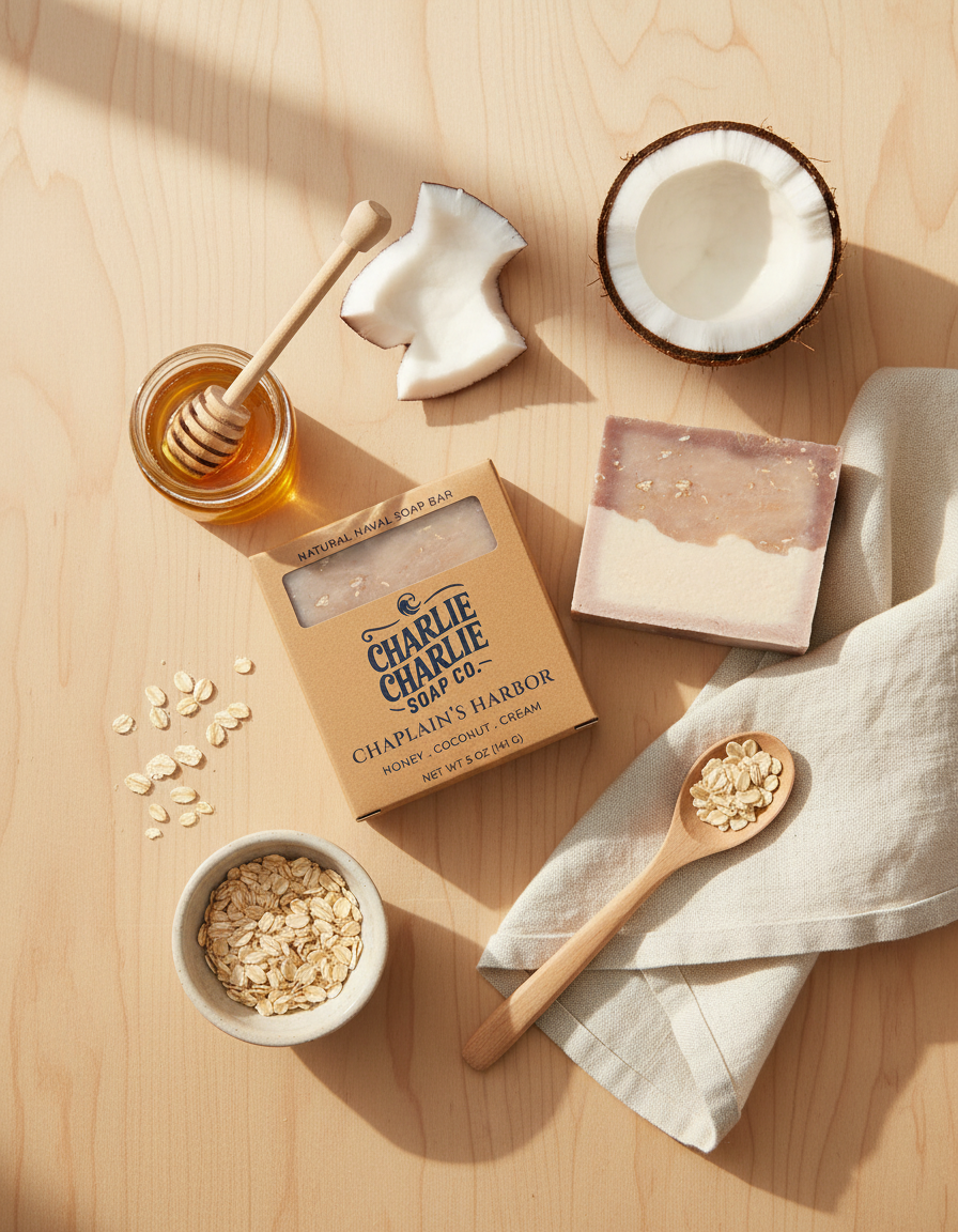 Natural skincare products including soap bars, honey, coconut, and oats on a wooden surface.