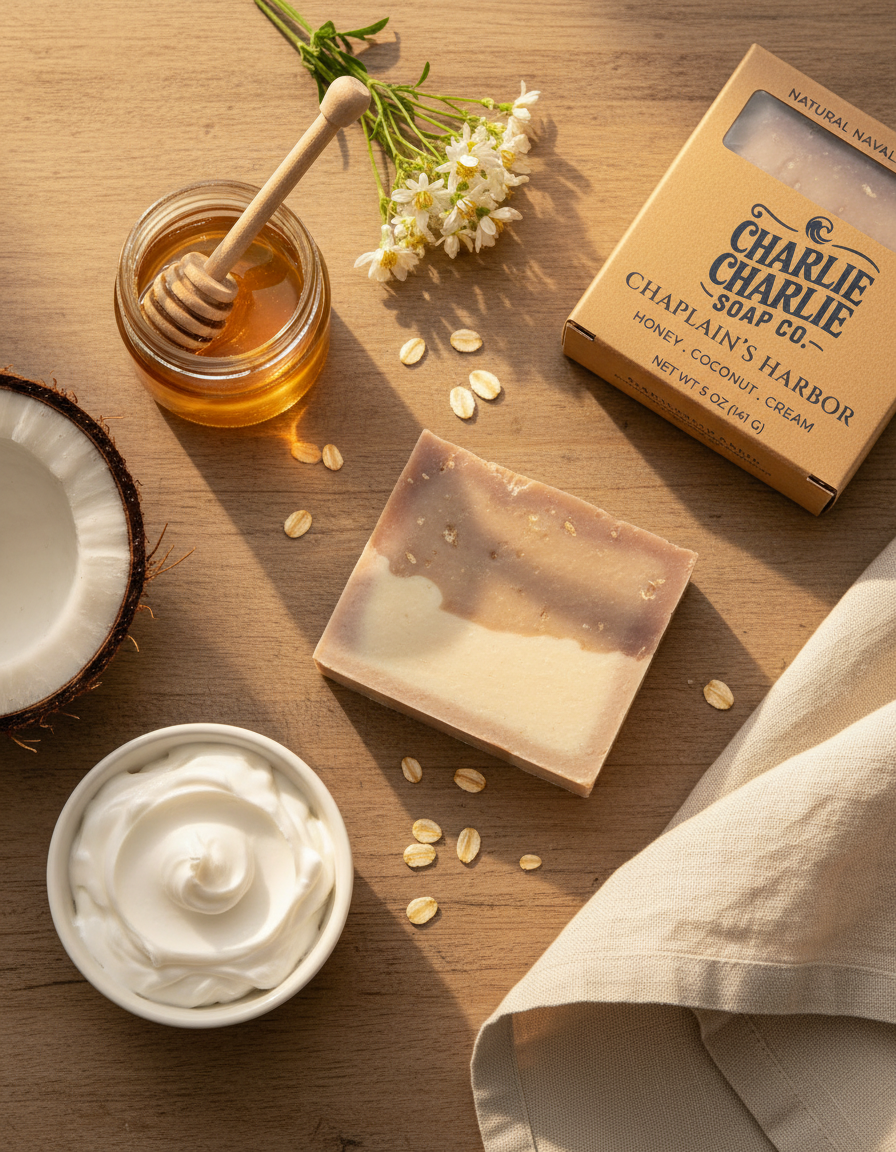 Bar of soap, jar of honey, coconut, and bowl of cream on a wooden surface with 'Charlie Chaplin Soap Co.' packaging.