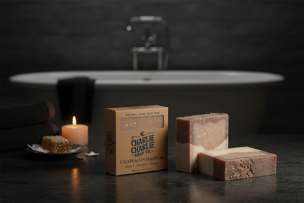 Two soap bars and a box of Charlie Charlie Soap on a dark surface with a blurred bathtub in the background.
