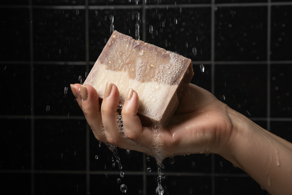 Hand holding a bar of soap under running water with a dark tiled background