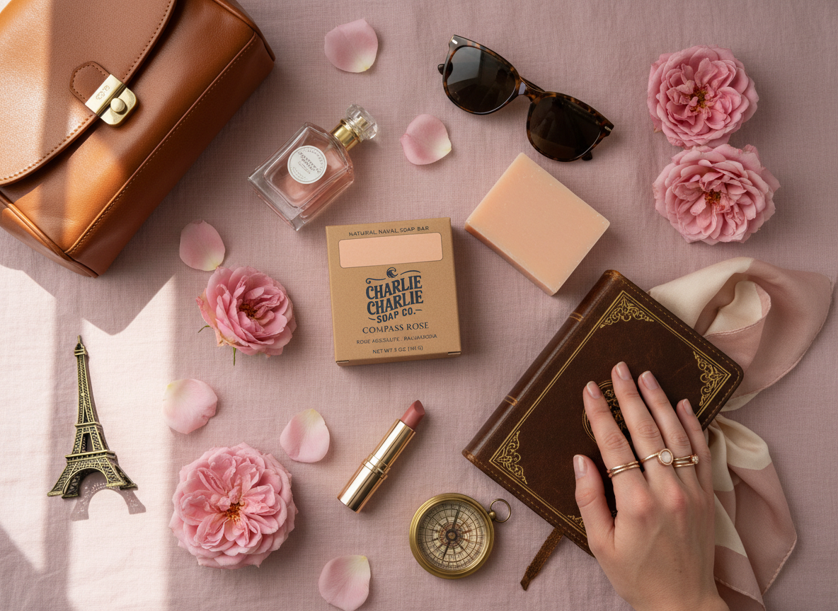 Collection of beauty and travel items on a pink surface with flowers and a hand holding a book.