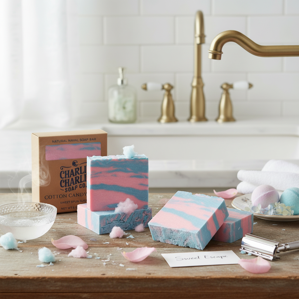 Three bars of striped soap on a wooden surface with a bathroom setting in the background.