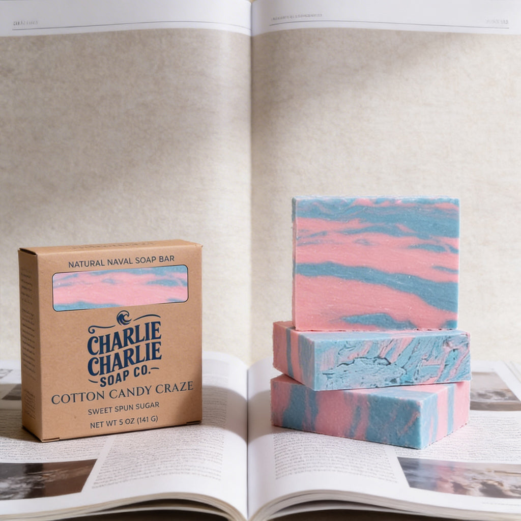 Three bars of cotton candy-themed soap with a cardboard box labeled 'Charlie Charlie Soap Co.' on an open book.
