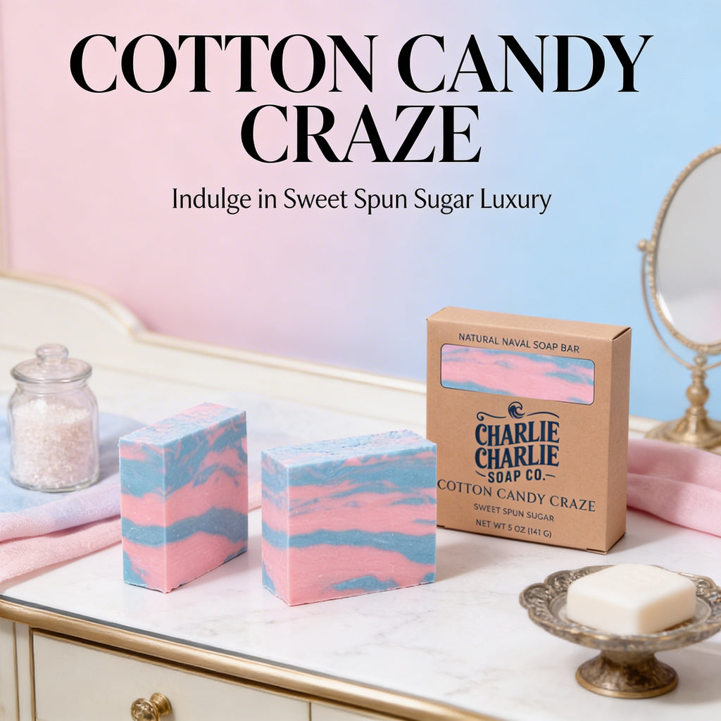Cotton candy-themed soap bars with packaging on a decorative surface.