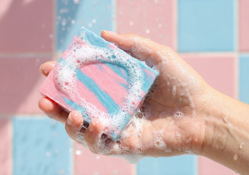Hand holding a pink and blue striped soap bar with bubbles against a colorful background