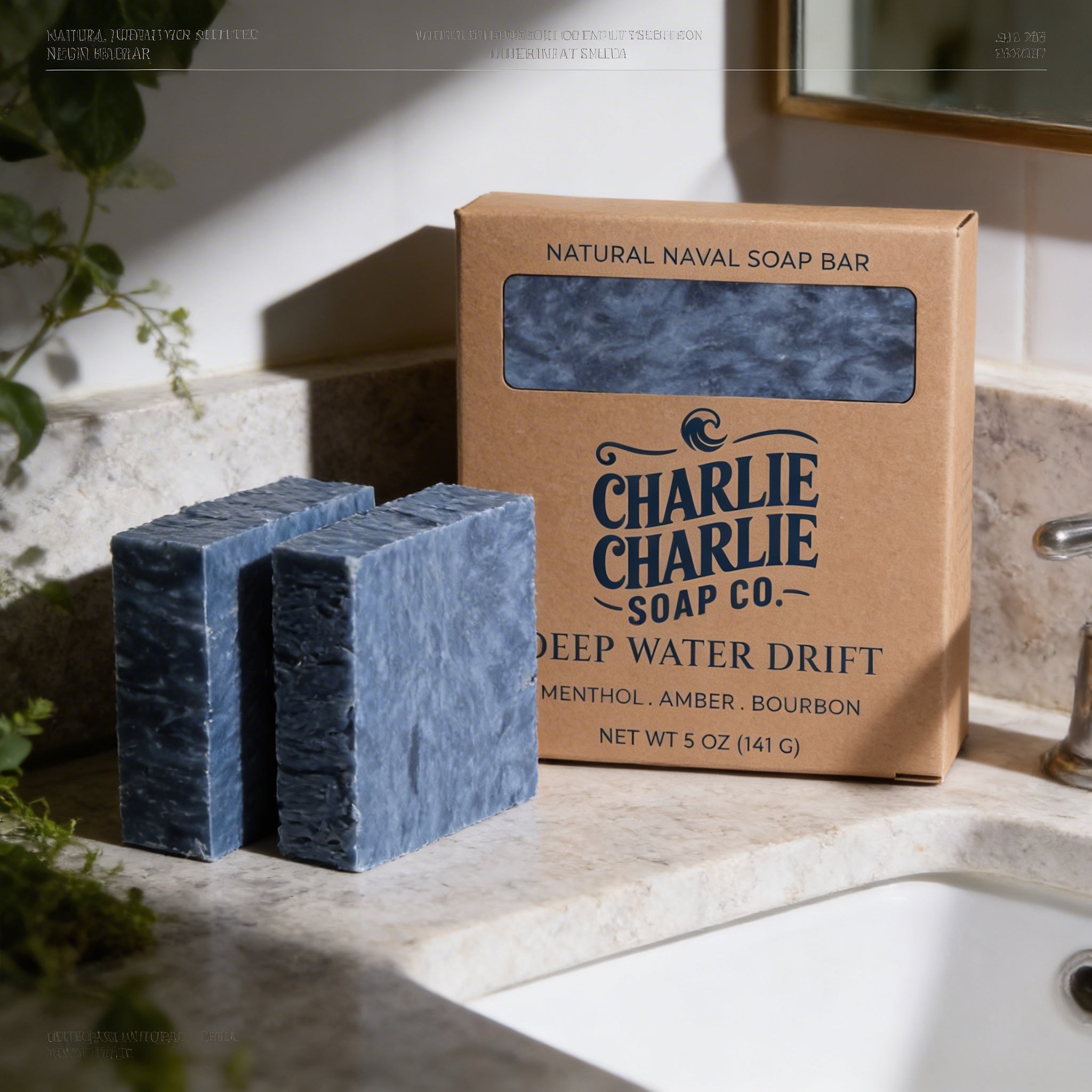 Two blue soap bars and their packaging on a bathroom counter.