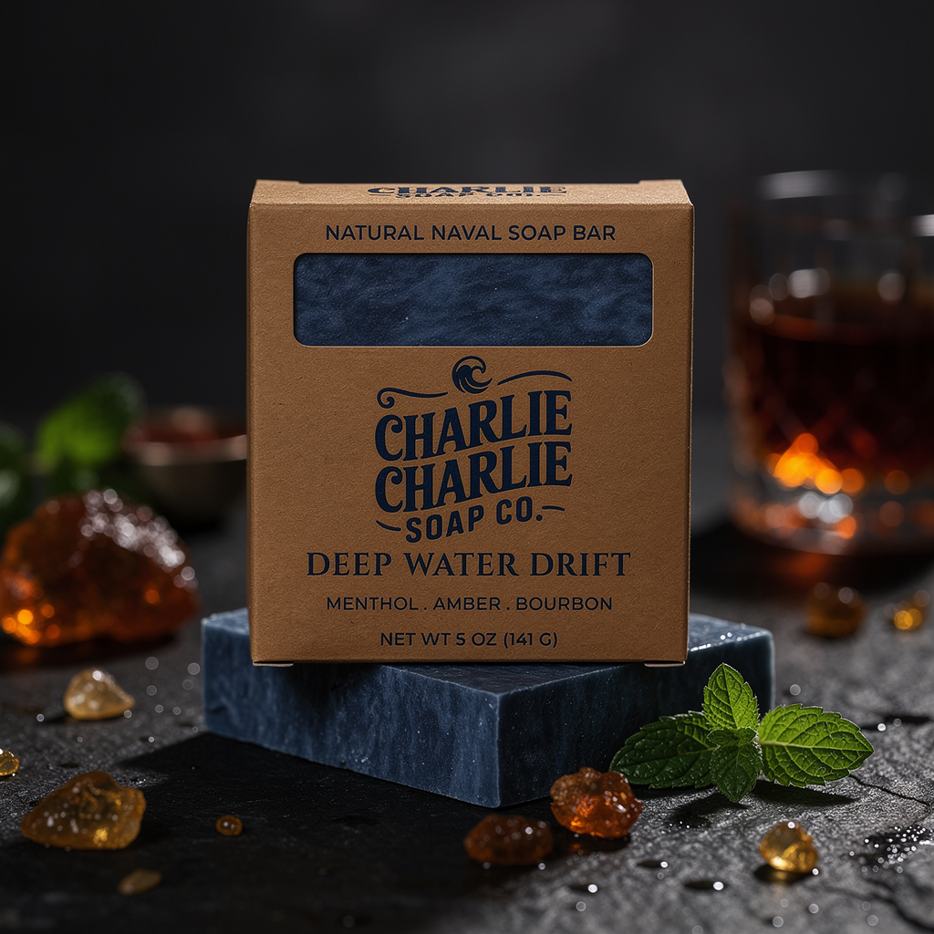 Box of Charlie Charlie Soap Co. soap bar with natural elements on a dark background