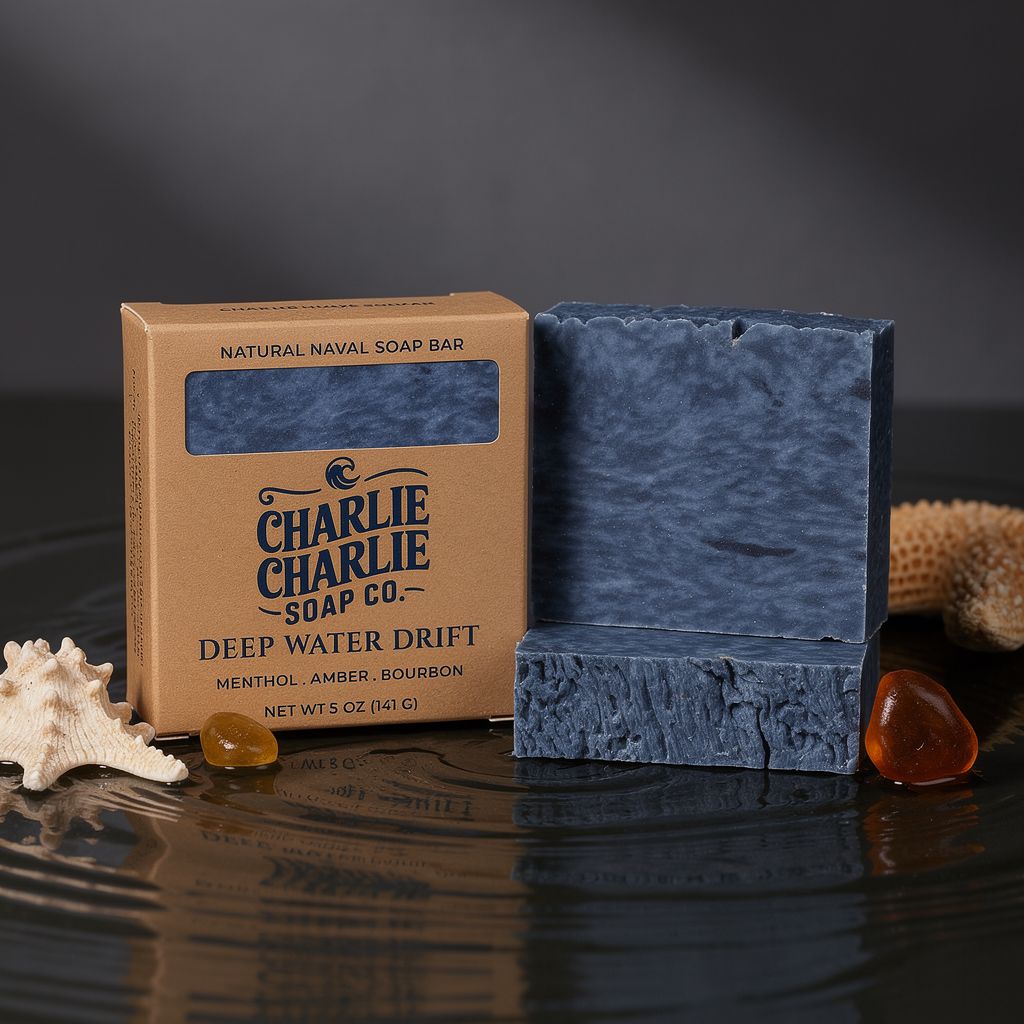 Blue soap bar with packaging labeled 'Charlie Charlie Soap Co. Deep Water Drift' on a dark surface.