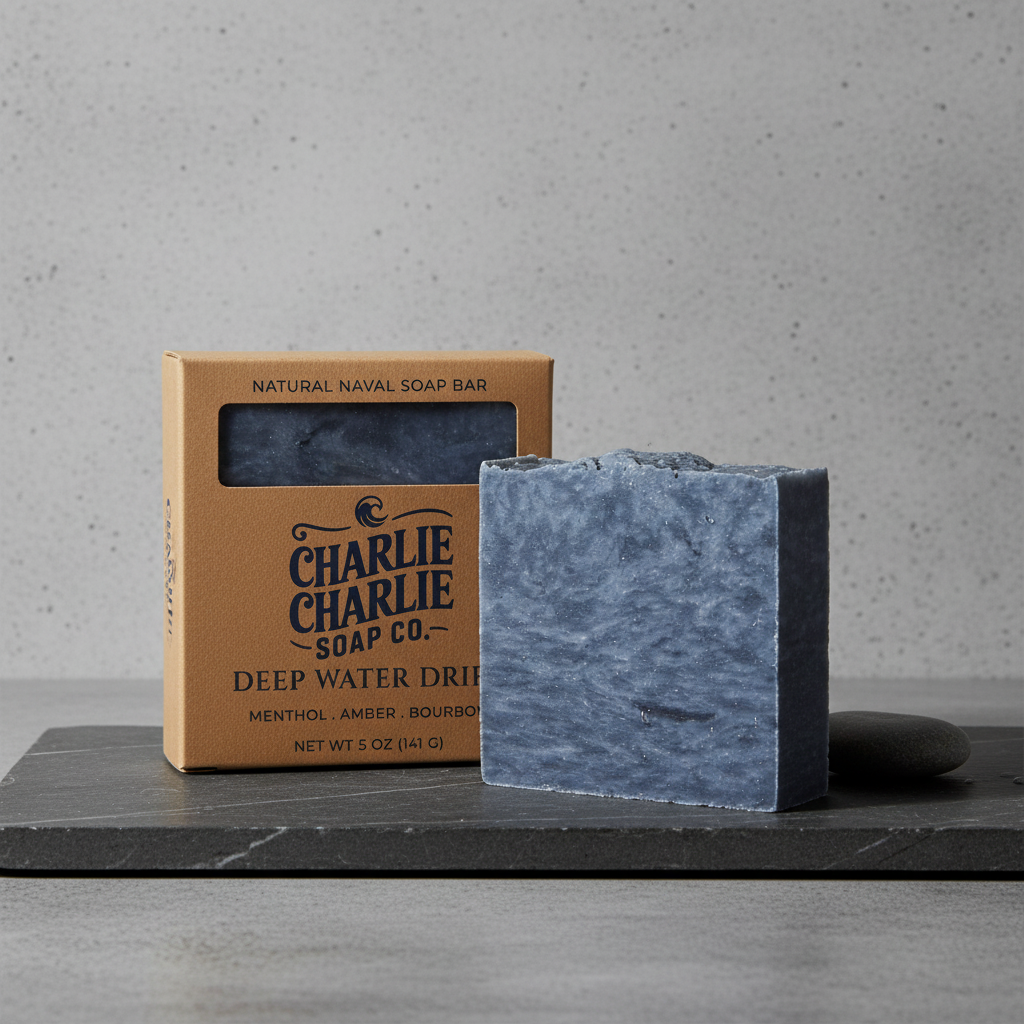 Blue soap bar with 'Charlie Charlie Soap Co.' packaging on a gray surface