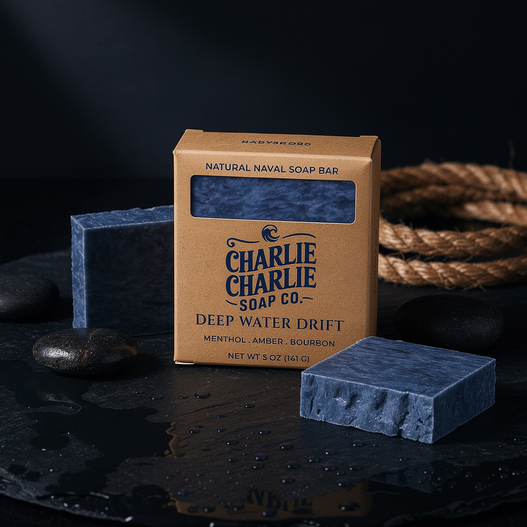 Charlie Charlie Soap Co. soap bar with packaging on a dark surface