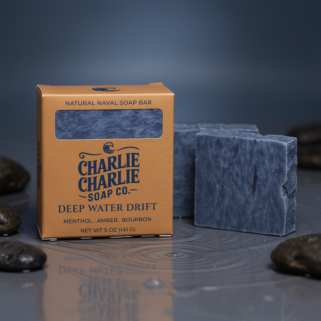 Charlie Charlie Soap Co. natural naval soap bar with packaging on a reflective surface.