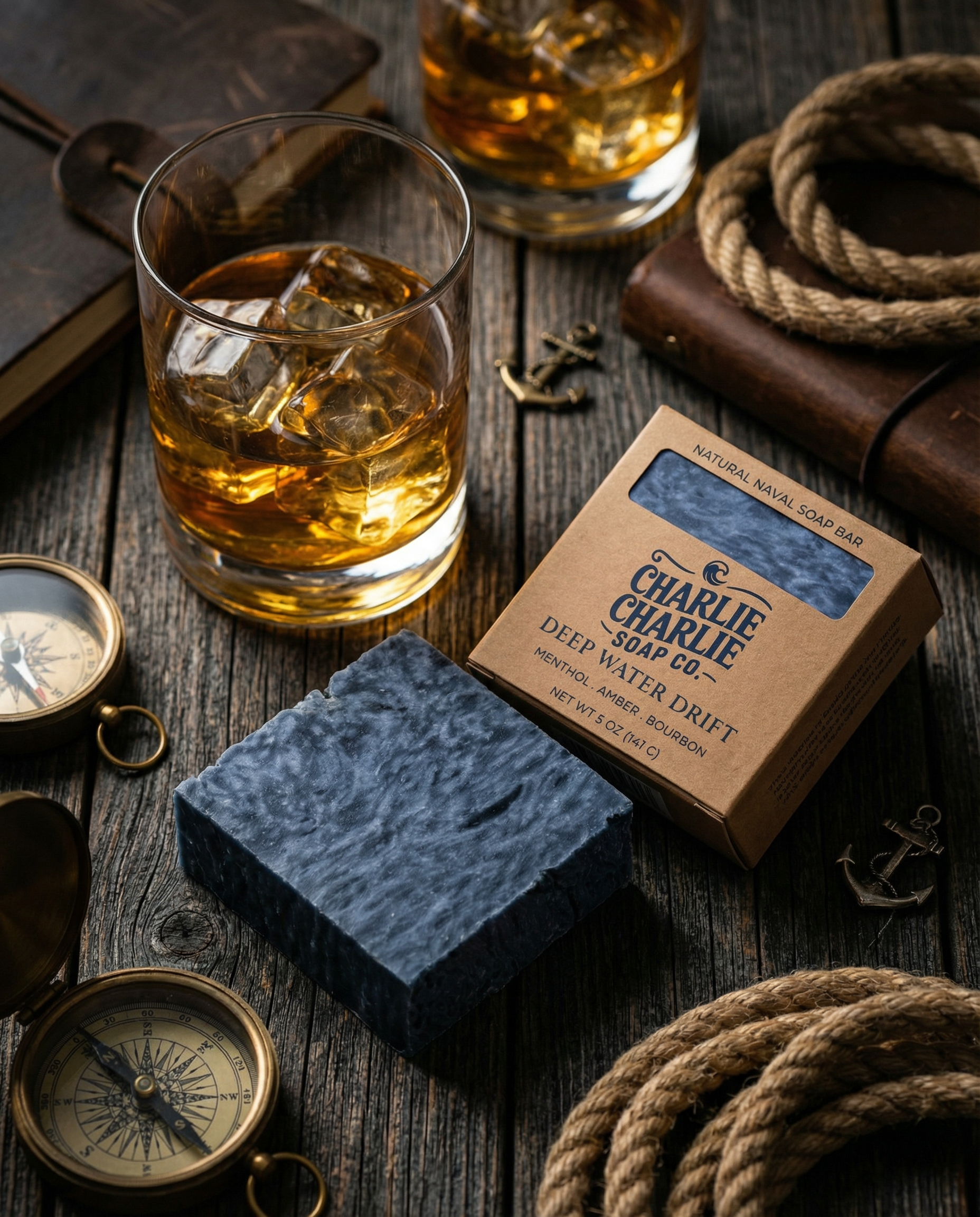 Bar of soap with packaging on a wooden surface with glasses of whiskey and nautical items.