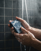 Hand holding a bar of soap under running water in a shower.