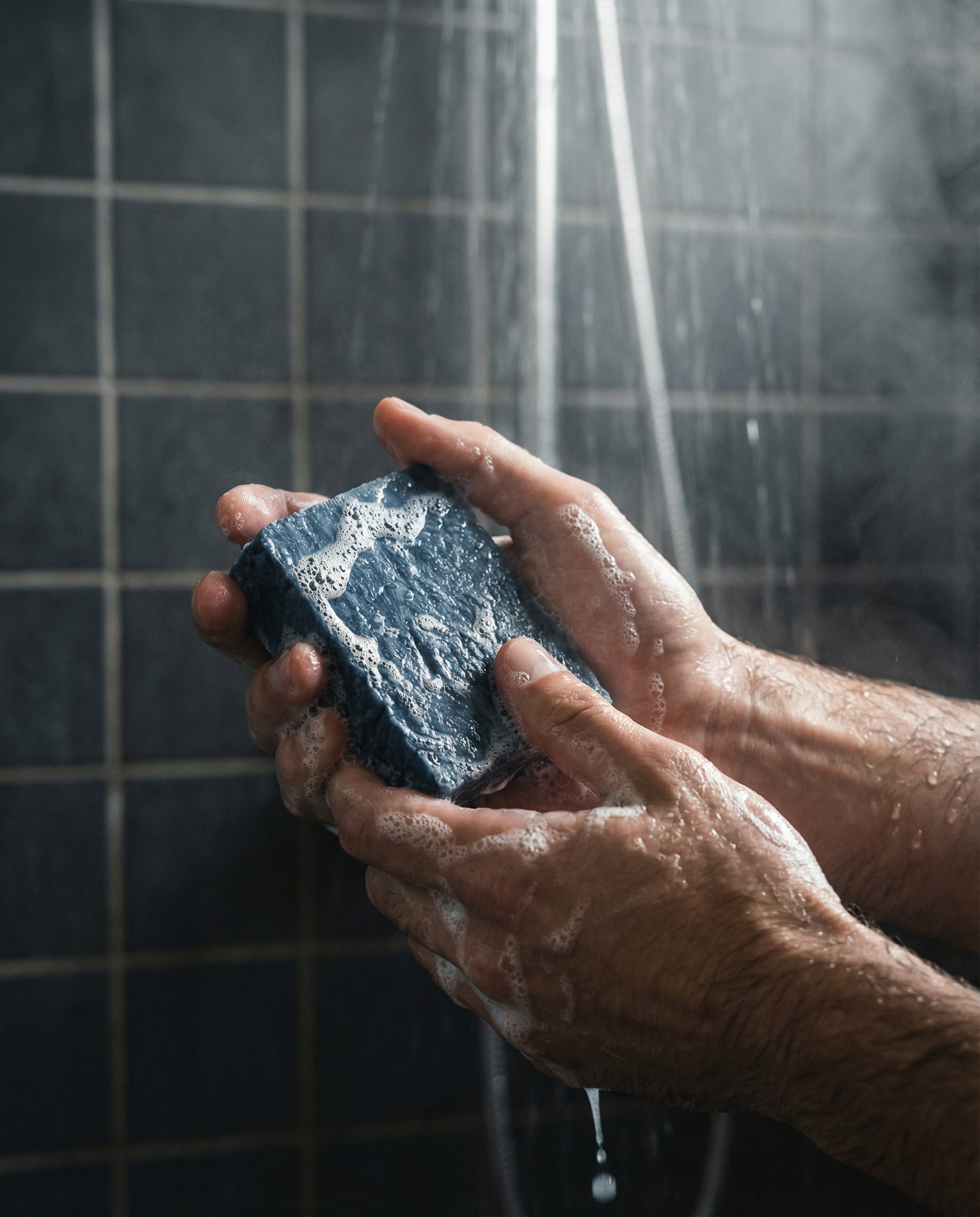 Hand holding a bar of soap under running water in a shower.