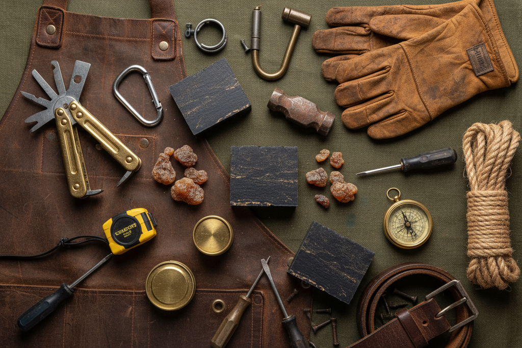 Collection of tools and items on a leather surface