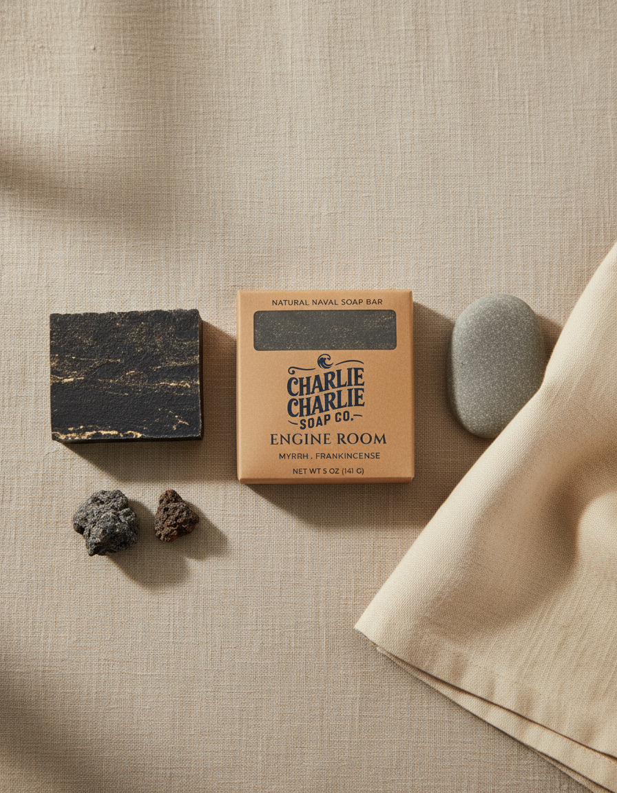 Bar of soap, packaging, and stones on a textured beige surface