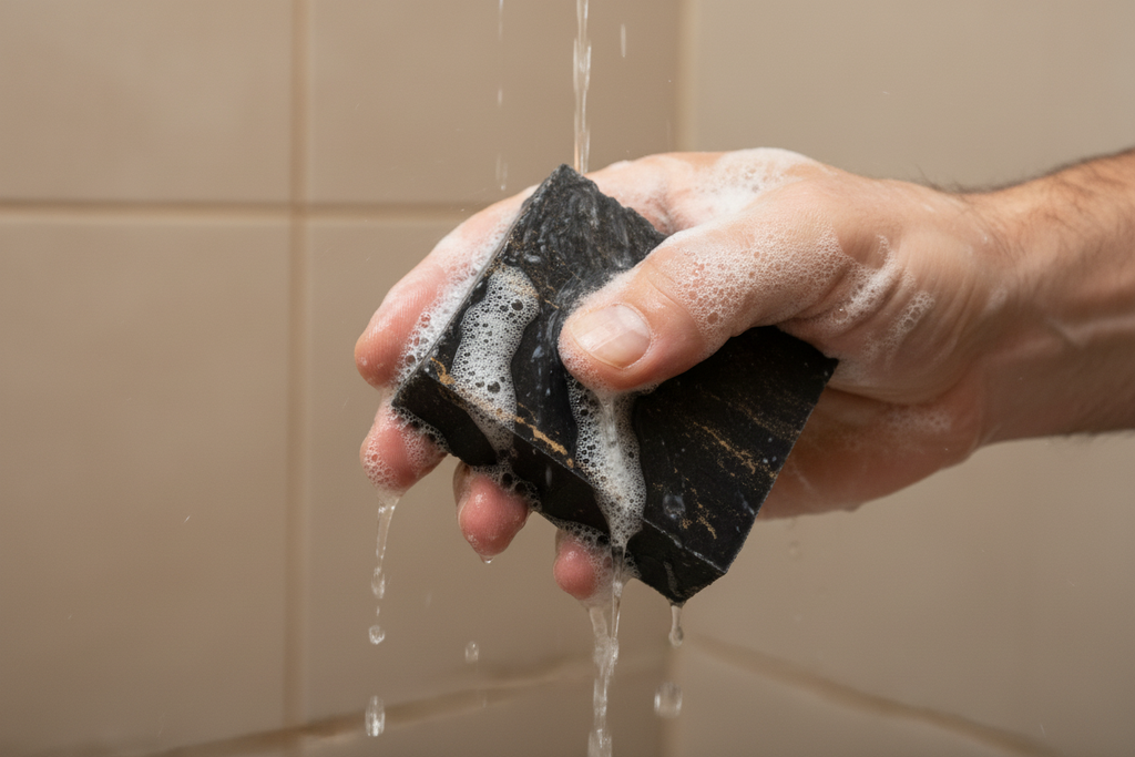 Hand holding a black sponge with water running down, against a beige tiled wall.