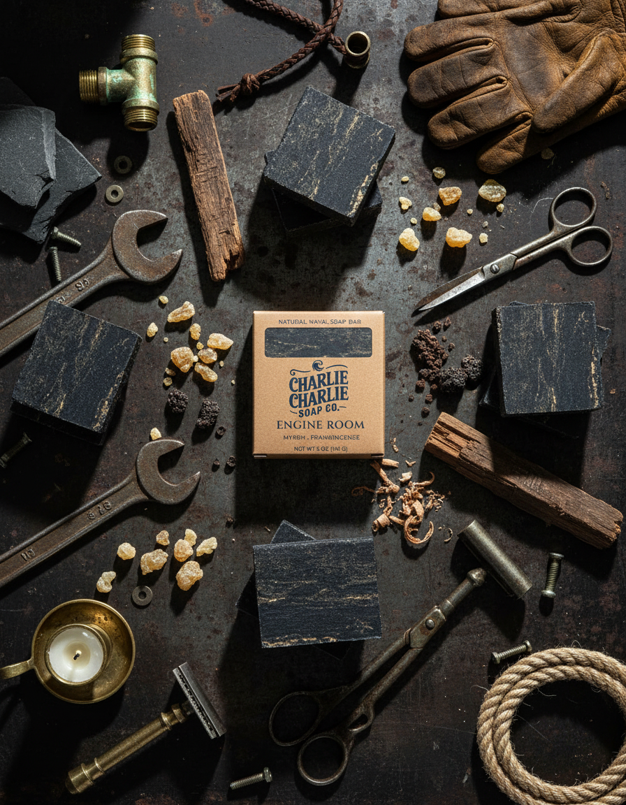 Bar of soap with packaging surrounded by tools and items on a dark surface