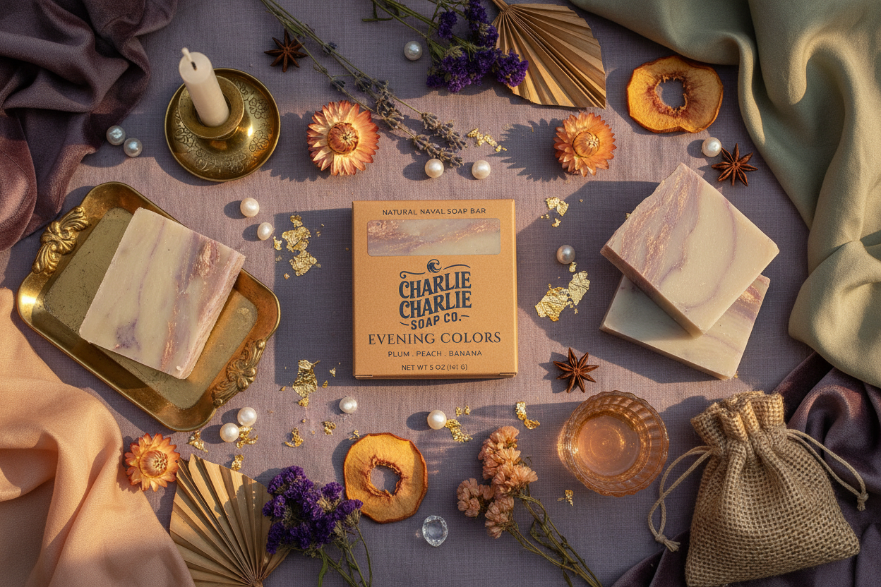 Tabletop display with soap bars, a book titled 'Charlie Charlie', and decorative elements on a textured surface.