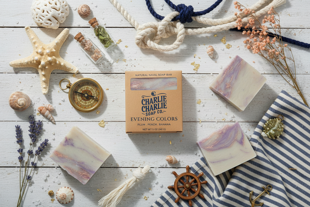 Bar of soap with packaging on a wooden surface with decorative items