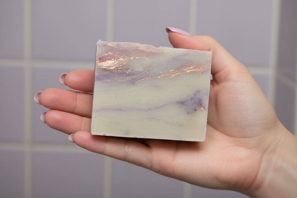 Hand holding a bar of soap with a marbled design against a tiled bathroom background