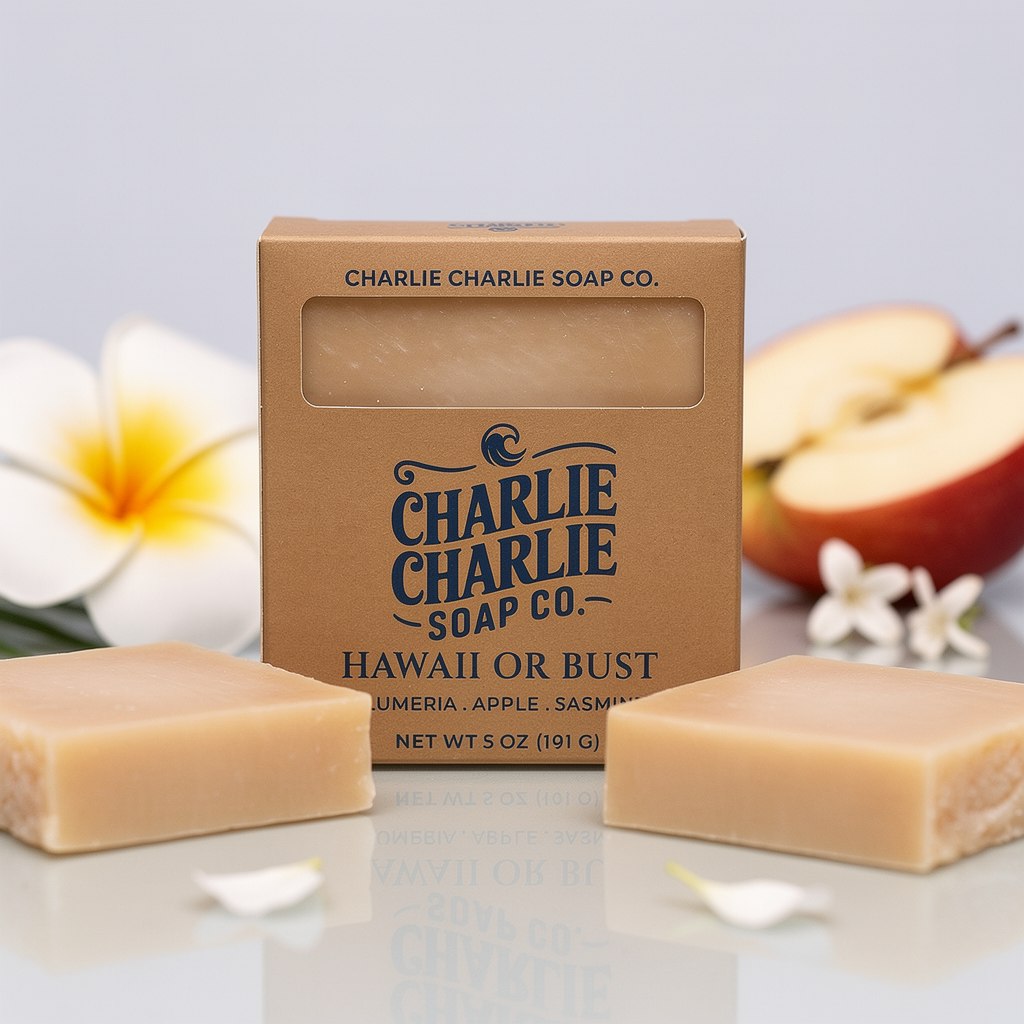 Two bars of soap in front of a Charlie Charlie Soap Co. packaging with flowers and an apple in the background.