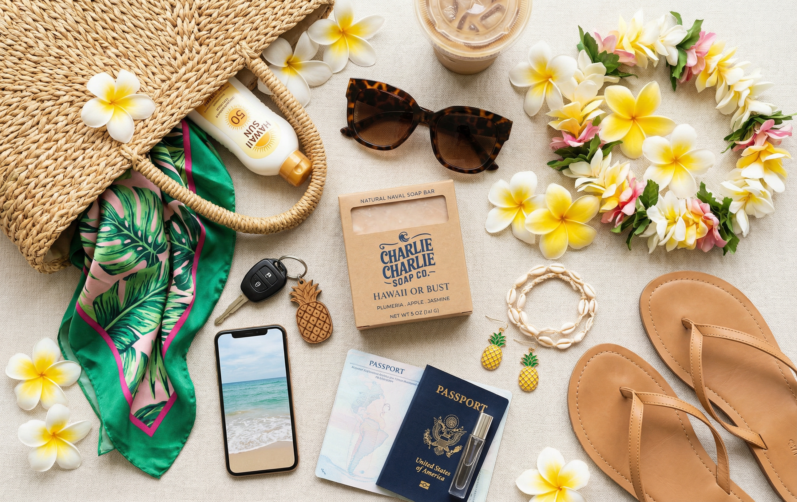 Travel-themed items including a phone, passport, sunglasses, and flowers on a light surface.