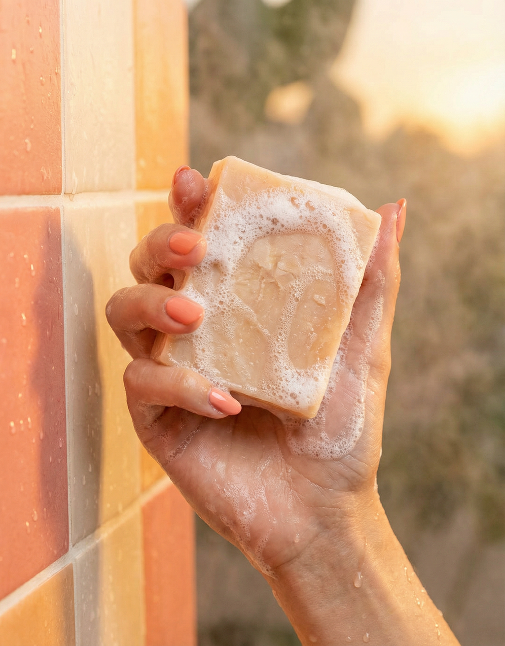 Hand holding a bar of soap with soap suds against a tiled wall.