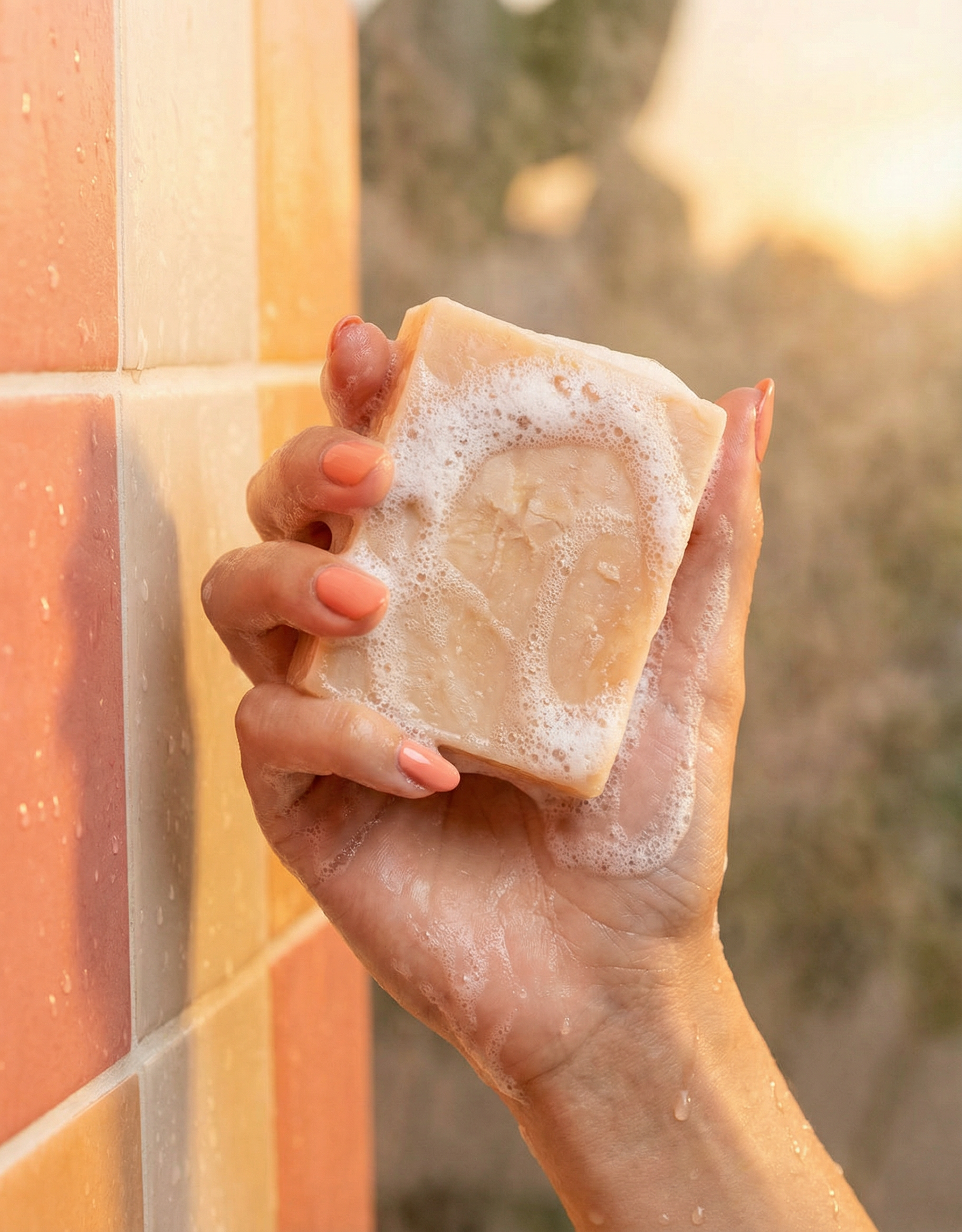 Hand holding a bar of soap with soap suds against a tiled wall.