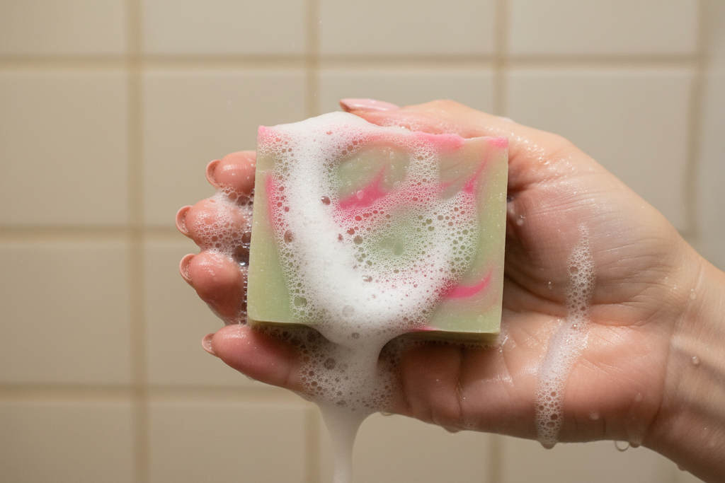 Hand holding a soapy bar with a tiled bathroom background