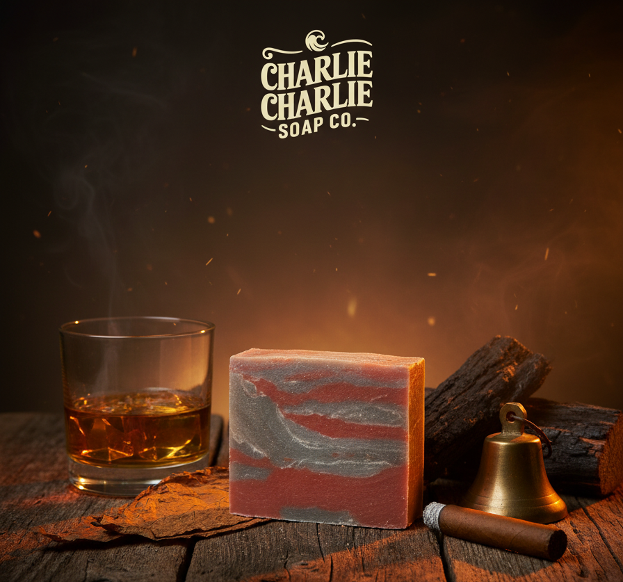 Bar of soap with a glass of whiskey, wooden stick, and bell on a dark background with Charlie Charlie Soap Co. branding.
