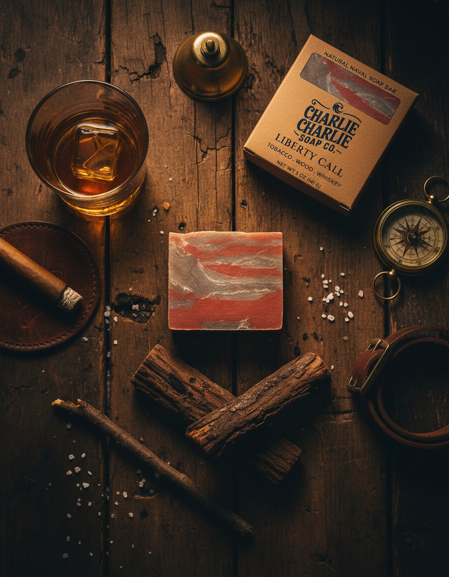 Bar of soap with a wooden background featuring a glass of whiskey, a cigar, and a compass.