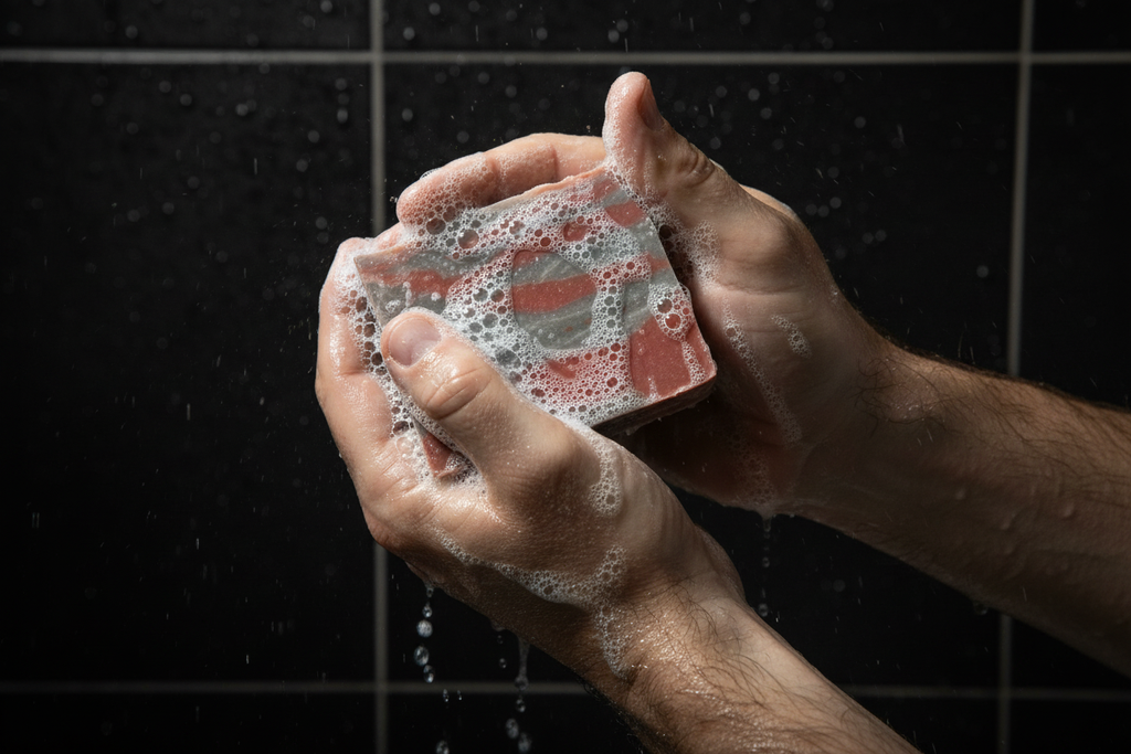 Hands holding a bar of soap with water droplets against a tiled shower wall.