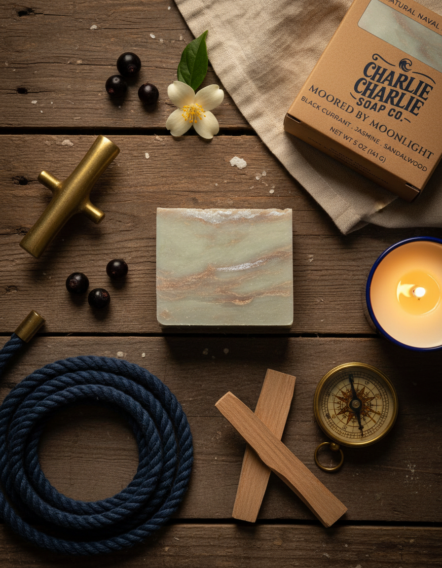Wooden surface with a soap bar, rope, compass, and Charlie Charlie Soap Co. packaging.