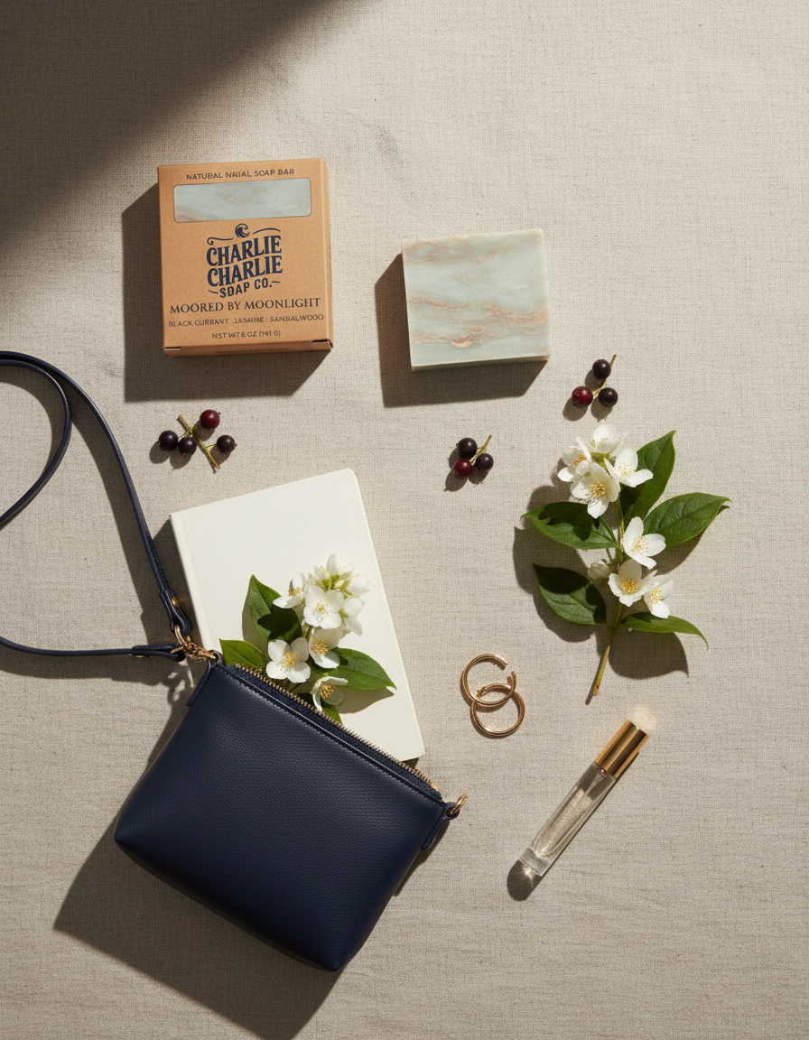 Navy blue pouch with flowers, a box, and a small bottle on a textured surface