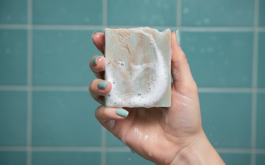 Hand holding a bar of soap with lather against a tiled bathroom background