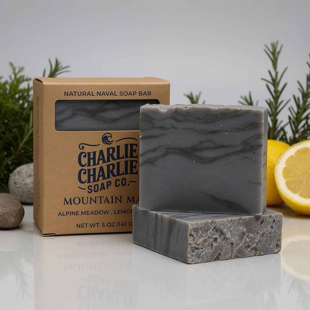 Gray soap bar with 'Charlie Charlie Soap Co' packaging on a reflective surface with plants and lemons in the background.