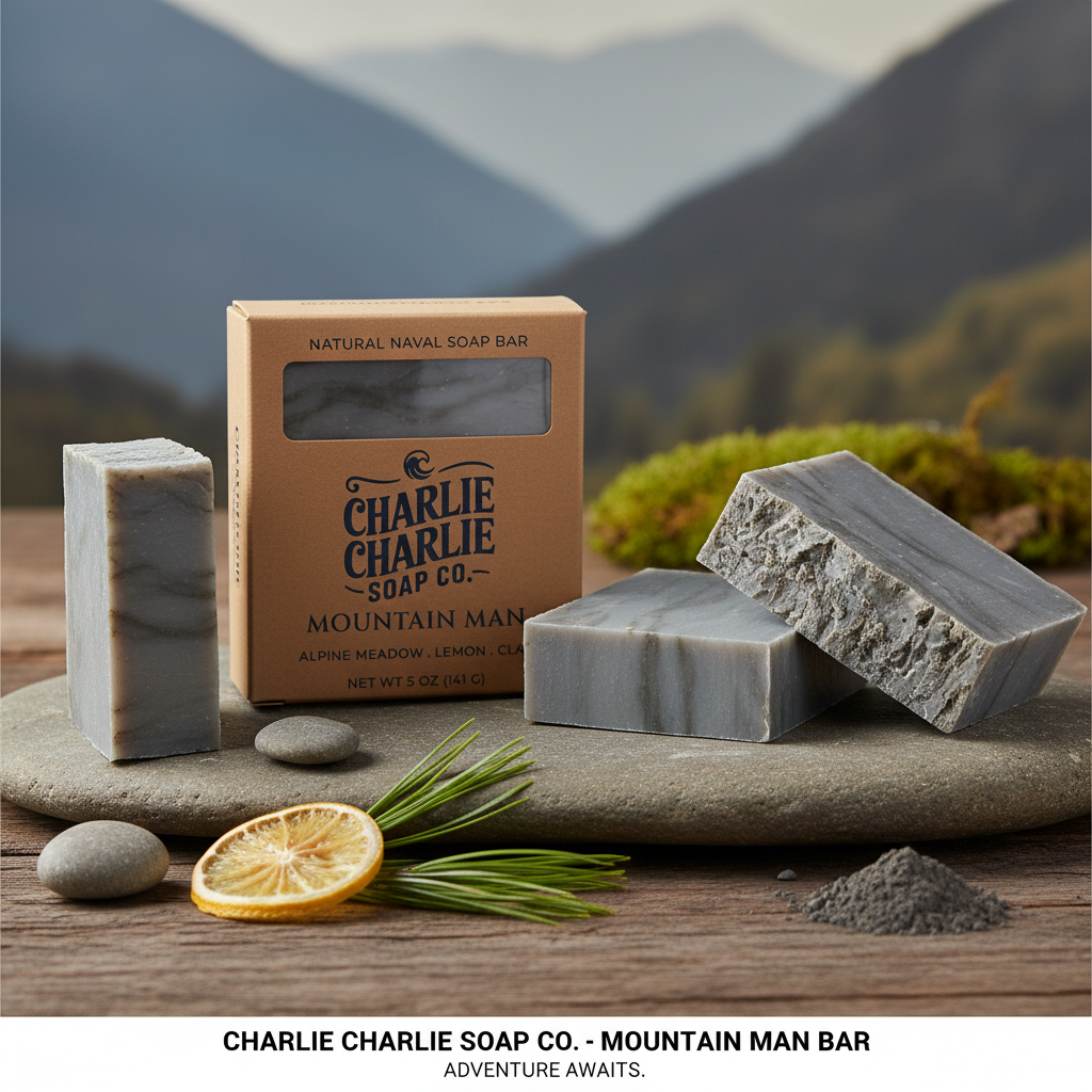 Charlie Charlie Soap Co. Mountain Man Bar soap with packaging on a stone surface with a mountainous background.