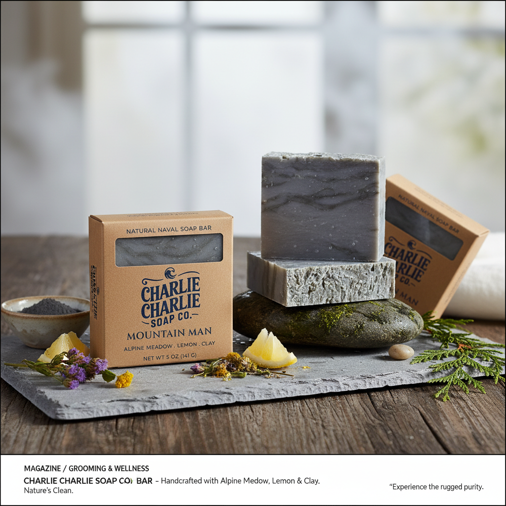 Two bars of soap with packaging on a wooden surface, surrounded by natural elements.