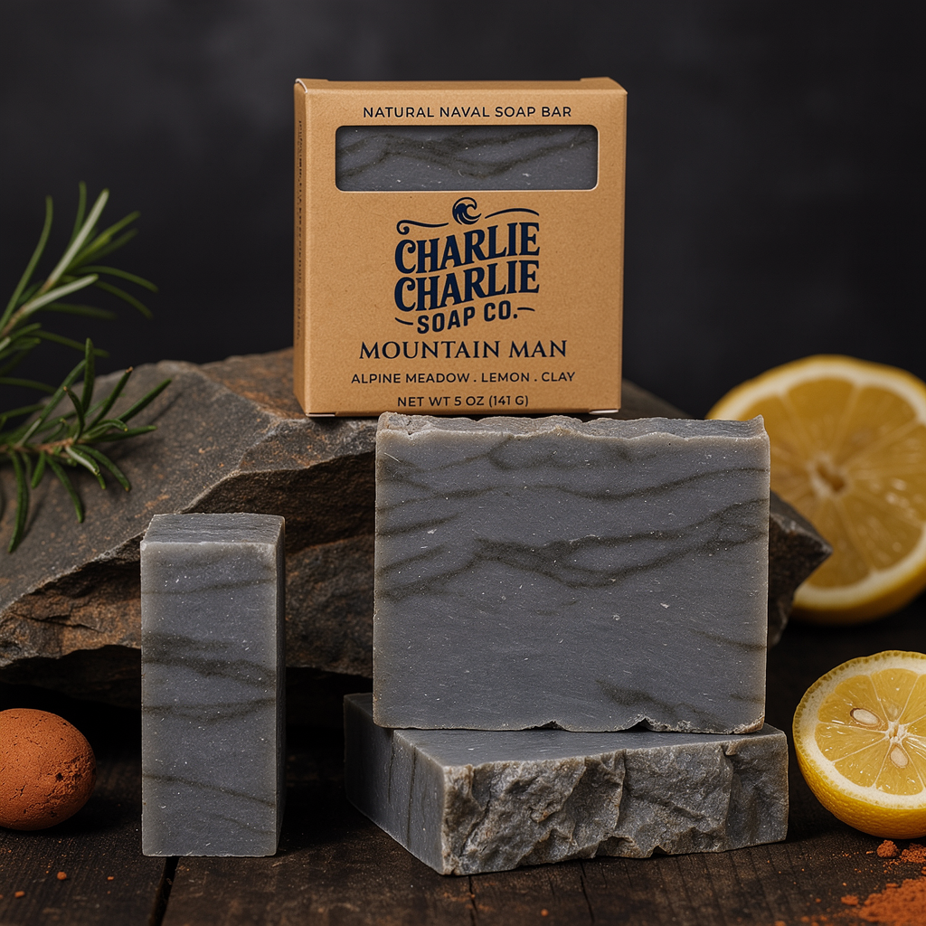 Bar of soap with packaging labeled 'Charlie Charlie Soap Co.' on a rustic background with lemons and rosemary.