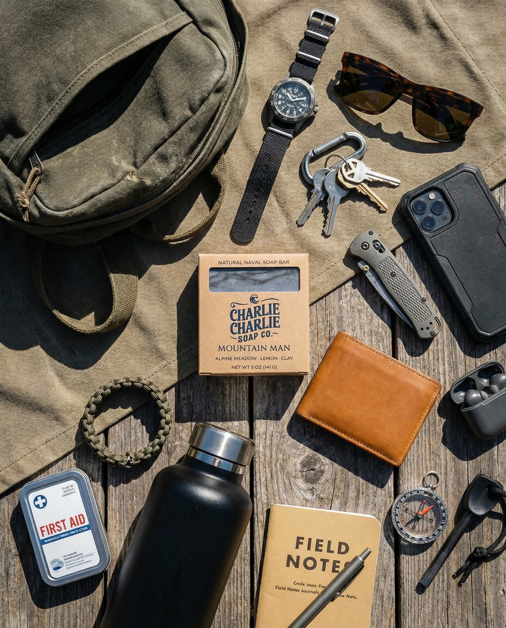Collection of outdoor and travel essentials on a wooden surface, including a watch, phone, wallet, and first aid kit.