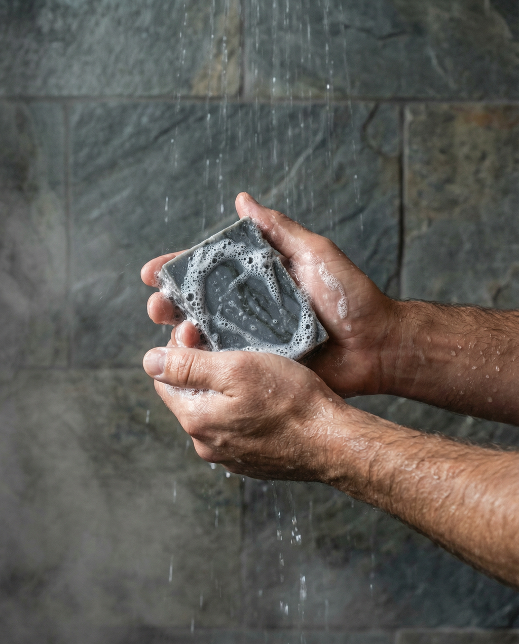 Person holding a bar of soap under running water in a shower.