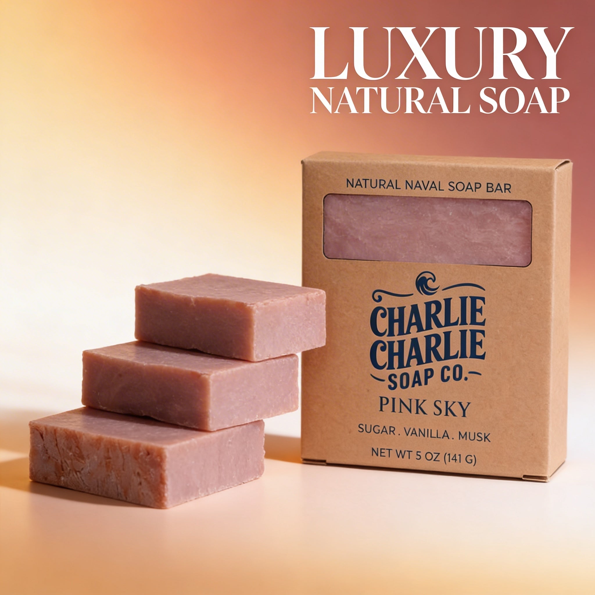 Luxury natural soap with 'Charlie Charlie Soap Co.' packaging on a gradient background