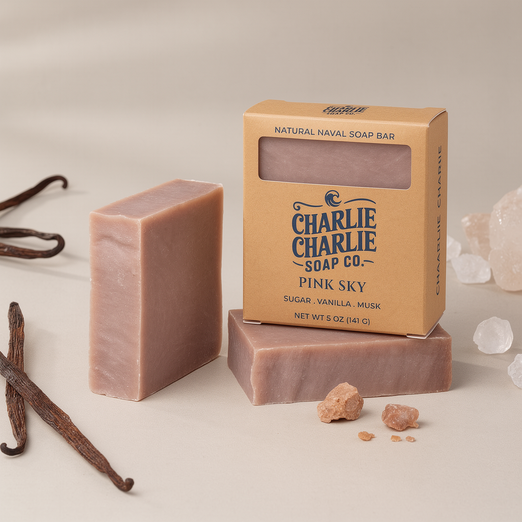 Bar of soap with packaging labeled 'Charlie Charlie Soap Co' on a neutral background