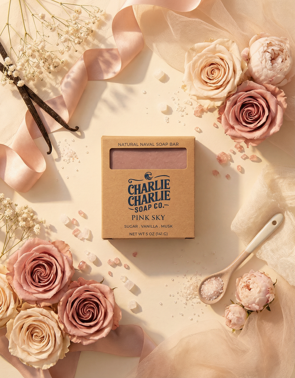 Charlie Charlie Soap Co. Pink Sky soap bar with roses and vanilla beans on a light background