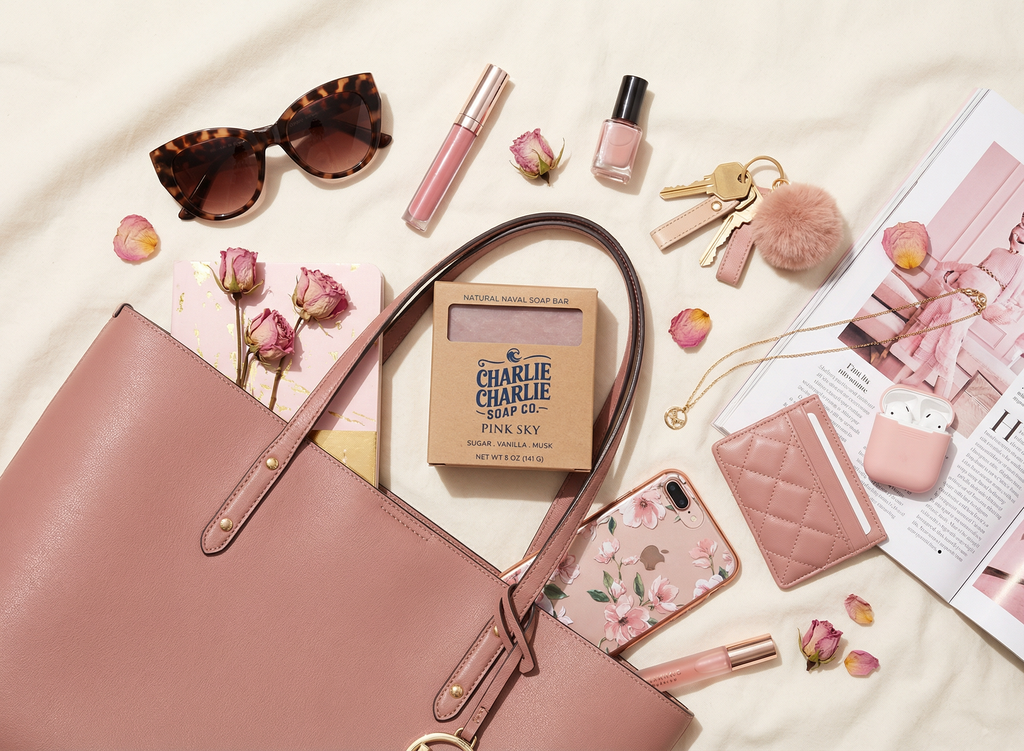 Pink handbag with accessories including sunglasses, nail polish, and a phone case on a light background