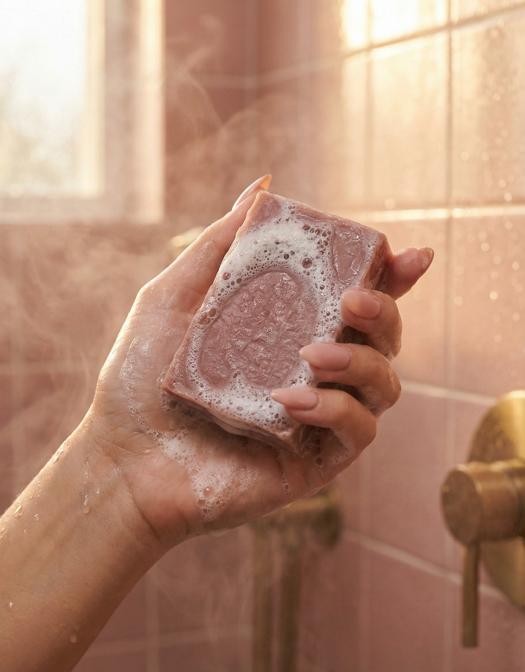 Hand holding a bar of soap with bubbles in a bathroom setting
