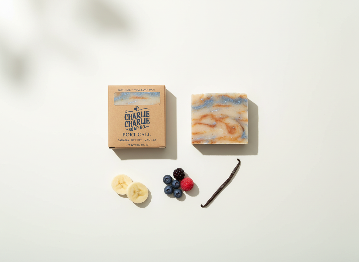 Bar of soap with packaging on a light background
