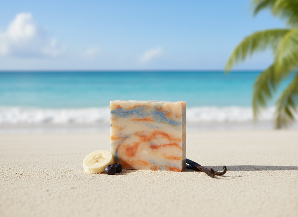 Marble-patterned soap bar on a sandy beach with ocean and palm tree in the background