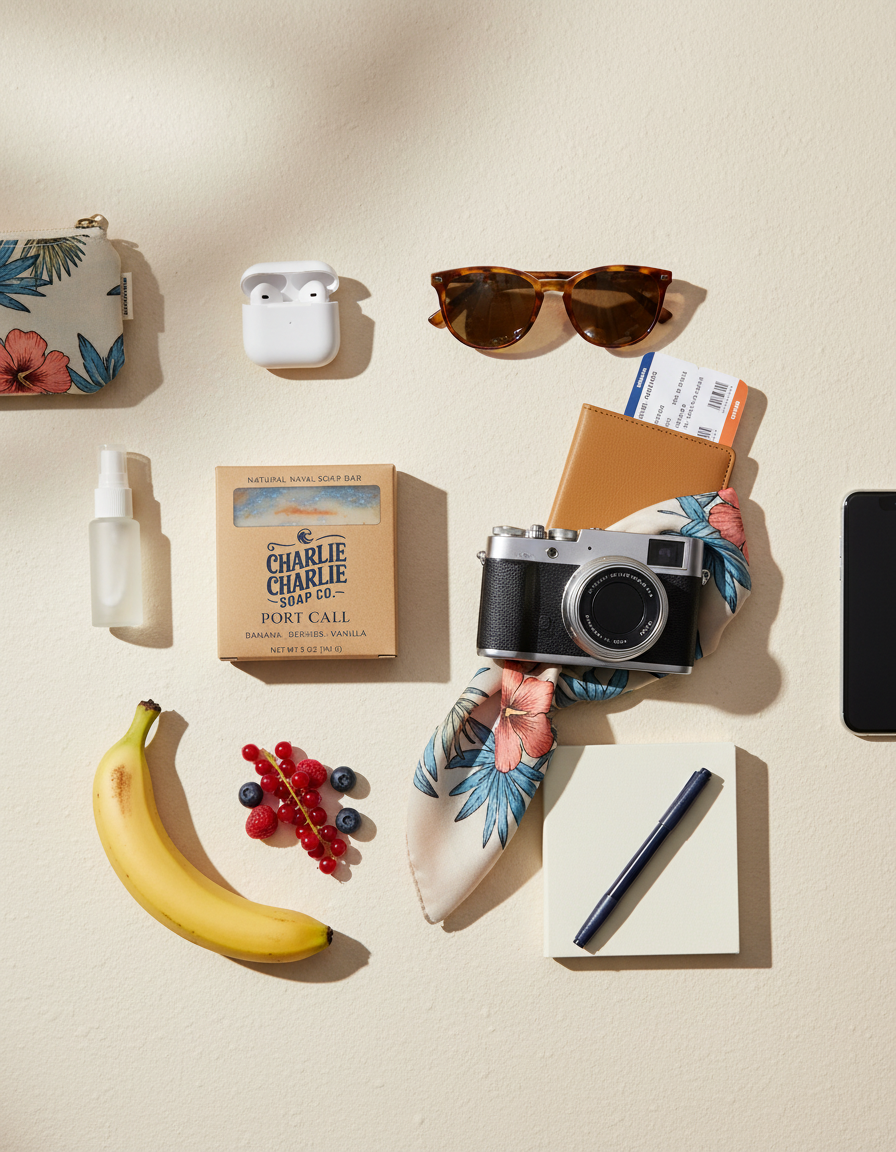 Collection of travel items including a camera, banana, and sunglasses on a beige surface
